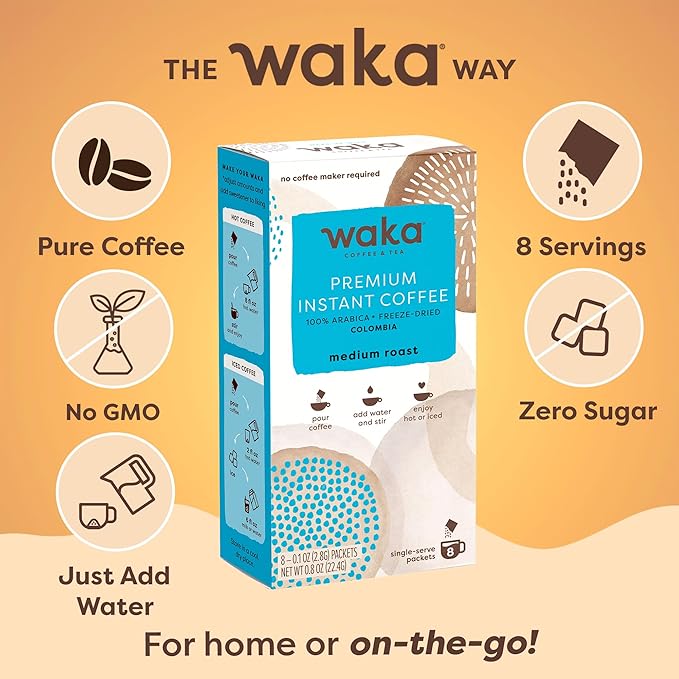 Waka Premium Instant Coffee Sachets — 100% Arabica Freeze Dried Beans — For Hot or Iced Coffee (8 Count, Medium Roast)