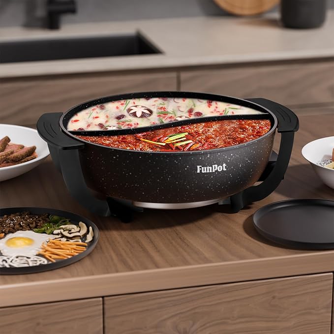 6L Electric Hot Pot with Black Graphene Handles, 1100W Adjustable Temperature Control, Non-Stick Coating, Dual Compartment & Overheat Safe (Simple On/Off Control)