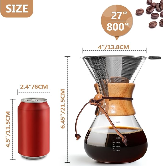 Pour Over Coffee Maker 27 OZ, 8 Cup Borosilicate Glass Drip Coffee Maker with Reusable Stainless Steel Filter and Cork Grip for Home Caf챕 800 ML