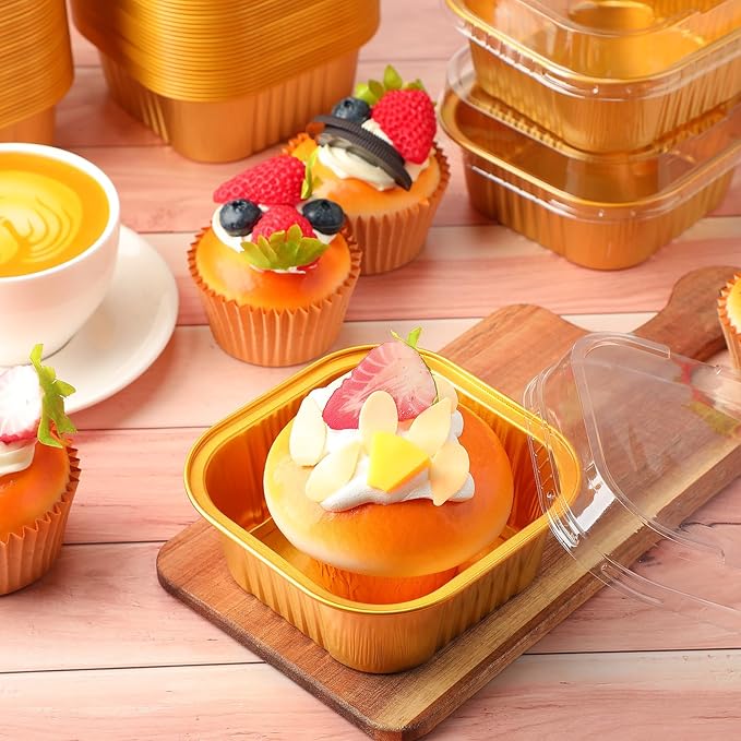 Aoriher 150 Pieces 10 oz Mini Cake Pans with Lids Aluminum Foil Baking Cups Square Disposable 4" x 4" Large Cupcake Cups Baking Tins for Kitchen Brownie Pudding Desserts Holders(Gold)