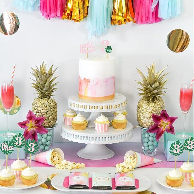 Safari Wild Three Cupcake Topper 3rd Birthday Party Decoration For Girl Jungle Glitter Tropical Leaf Food Picks Pink 3