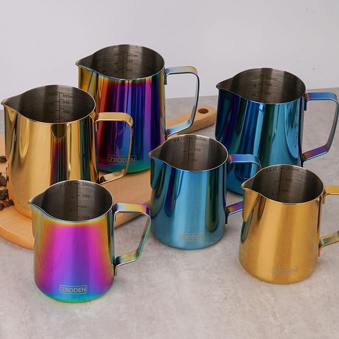 Milk Frothing Pitcher, 12oz Espresso Steaming Pitchers Stainless Steel Cappuccino Coffee Machine Accessories Barista Tools Steam Froth Pitchers Milk Jug Cup with Decorating Pen Latte Art, Blue