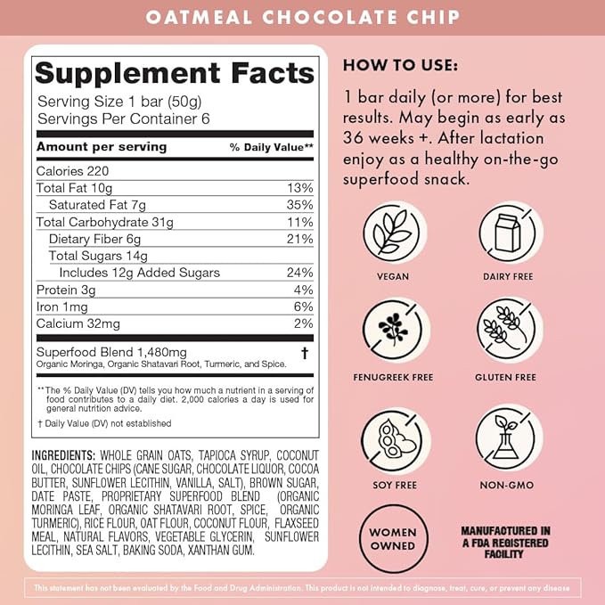 Boobie Bar Superfood Oatmeal Chocolate Chip Lactation Bar for Breastfeeding Moms to Increase Milk Supply | #1 Selling Lactation Snack Bars | Vegan, Fenugreek-Free, Gluten-Free, Dairy-Free (7 Bars)