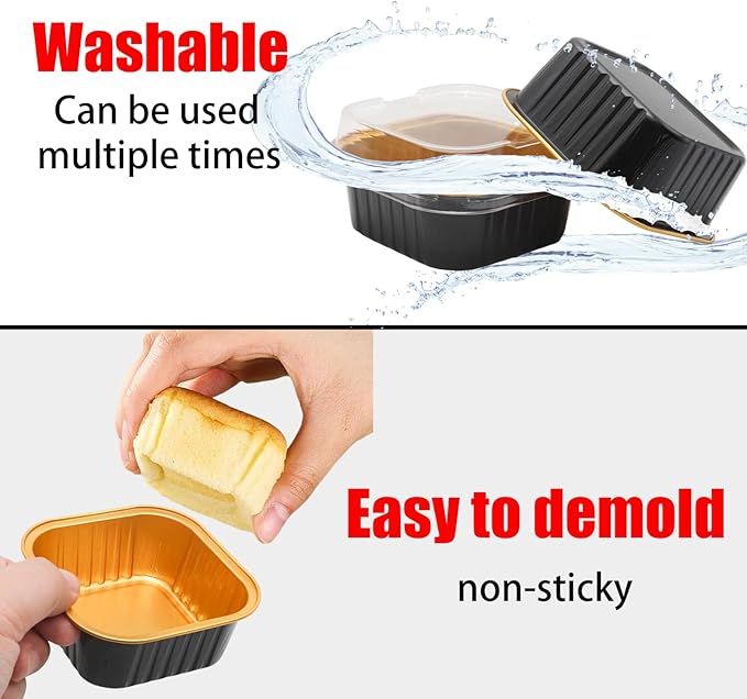 100 Pack 5oz Aluminum Pans with Lids Mini Square Foil Baking Cups with Lids Cupcake Baking Holders, Black Gold