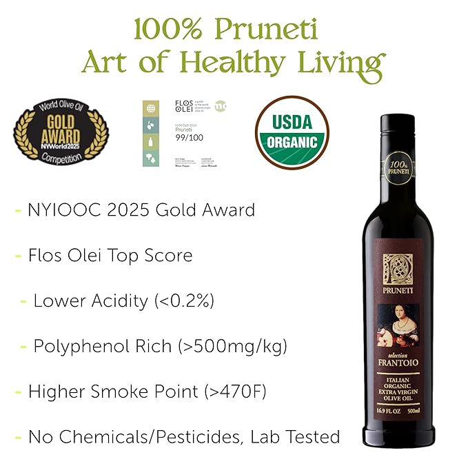 Pruneti - Frantoio Robust, Organic New 2024-2025 Early Harvest Italian Olive Oil Extra Virgin from Tuscany, Italy, Polyphenol Rich 500+ mg/kg, Gold Winner, First Cold Pressed, 16.9 fl oz