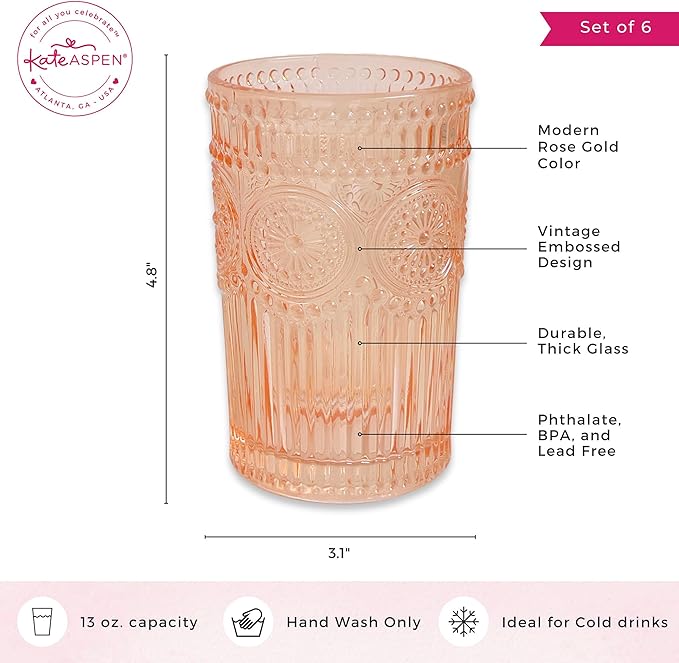 Vintage Textured Rose Gold Striped Drinking Glasses Set of 6, (13 oz) Ribbed Glassware Set | Cocktail Set, Ice Tea Glasses, Juice Glass, Water Cups