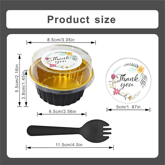 100 PCS Mini Cake Pans with Lids and 100 PCS Spoons,Aluminium Foil Baking Cups, 5 oz Disposable Baking Cups Foil Ramekins For Party Birthday Wedding Valentines (Black)