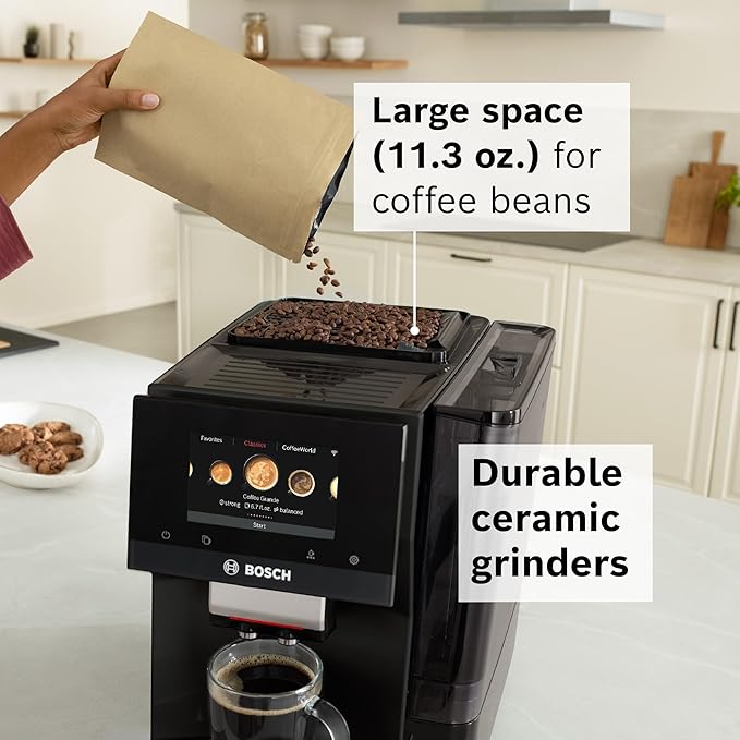 Bosch 800 Series Fully Automatic Espresso and Coffee Machine ??35 Drinks, Cold Brew, Double Cup, Milk Hose, Ceramic Grinder, Smart Features, in Black TPU60309
