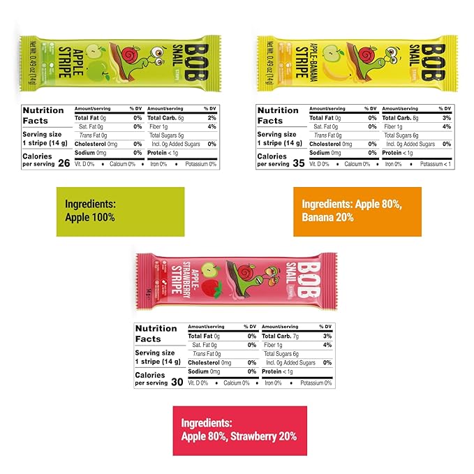 BOB SNAIL Healthy Organic Fruit Snacks for Kids and Adults ??30 Organic Fruit Leather Snacks with Apple, Banana, Strawberry ??Vegan Low-Carb Variety Pack Strips for Kids ??Sugar Free Jerky Bars