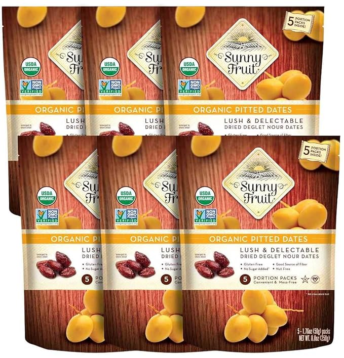 Sunny Fruit Organic Dried Pitted Deglet Nour Dates - 6 Bags (30 Individual Portion Packs) | No Preservatives, No Sugar Added | Healthy, Convenient Superfood Snack Packs | ORGANIC, NON-GMO, HALAL, KOSHER