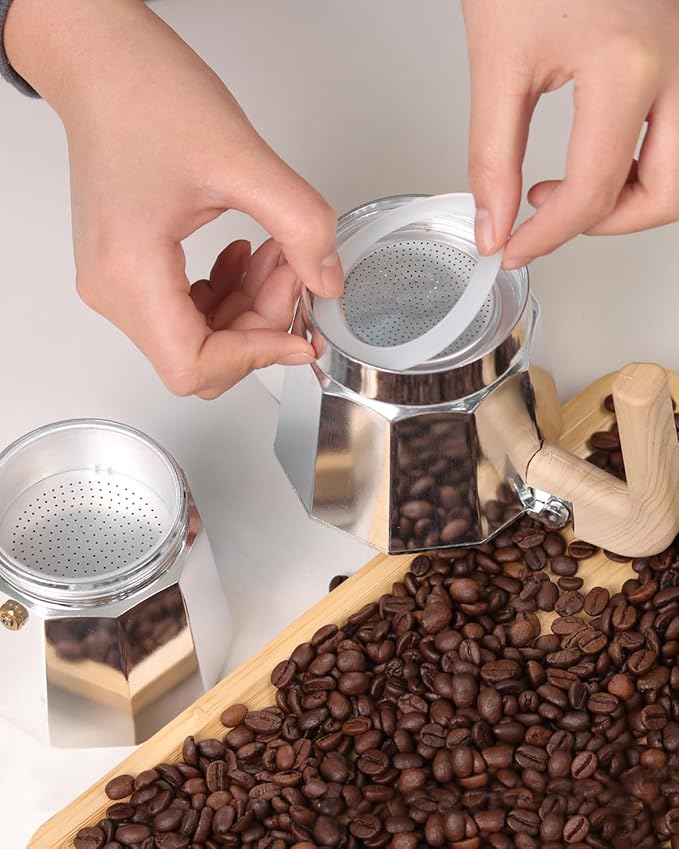 Sivaphe 6 Cups Moka Pot Replacement Infuser Parts Only for Aluminum Italian Stovetop Espresso Coffee Maker, 1 Filter and 3 Silicone Gasket Seals