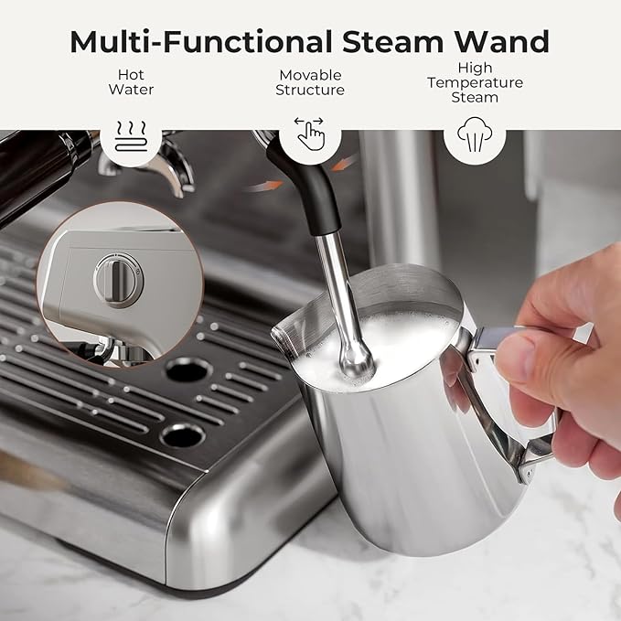 Espresso Machine, 20 Bar Semi-Automatic Espresso Machine with Grinder & Milk Frother Steam Wand, 1450W Home Cappuccino Latte Machine with Removable 95 Oz Water Tank, Stainless Steel