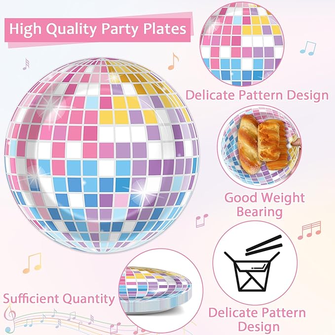 96Pcs Singer Plates and Napkins Disco Ball Party Decorations Colorful Disco Ball Dessert Plates Music Themed Birthday Tableware for 24 Guests Music Lover Birthday Wedding Anniversary Party Supplies