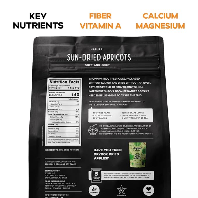 Drybox Unsulfured Sun Dried Turkish Apricots 12 Lunch Packs, Unsweetened No Sugar Added, Non-GMO Organic Dry Apricots for School, Gym, and Office | 2 oz per Portion Pack, 12 Packs Family Size
