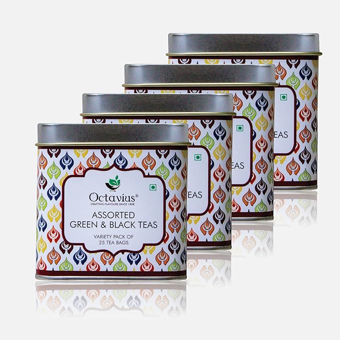 Octavius Tea Variety Pack | 6 Assorted Black & Green Tea Flavors | 25 Teabags | Tea Sampler Pack | Pack of 4 | 100 Teabags | Premium Indian Tea Gift Set