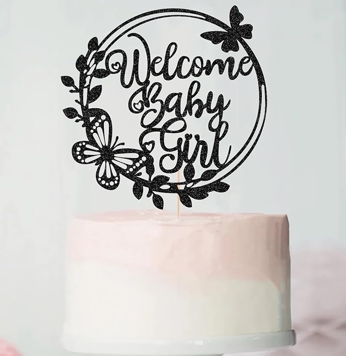 Welcome Baby Girl Cake Topper - Black Glitter Baby Shower Cake Decorations, Baby Girl Cake Decor, for Baby Shower/Birthday Party/Gender Reveal Party Photo Booth Props