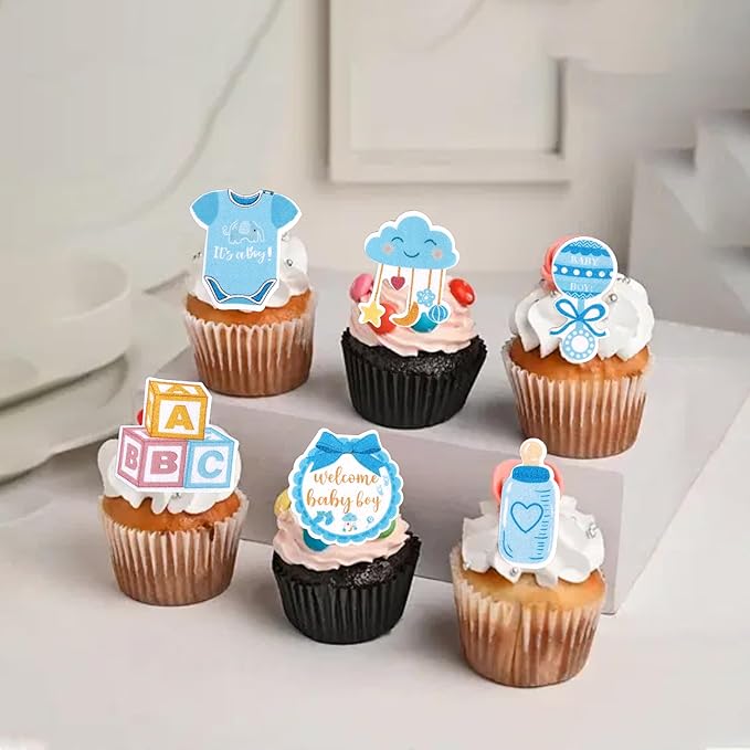 60 PCS Edible Oh Baby Cupcake Toppers Pacifier Cloud Moon Star Welcome Baby Boy Cupcake Picks Edible Baby Shower It's a Boy Cake Decorations for Baby Shower Boys Birthday Party Supplies Blue