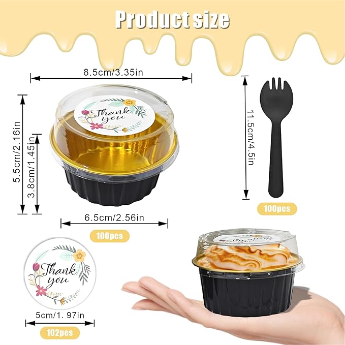 Eunika 100 Pack Aluminum Foil Cupcake Baking Cups w Lids and Spoons for Wedding Party Supplies, 5oz Mini Cake Pans Disposable Ramekins Cups Holder Containers for Birthday Halloween Gifts