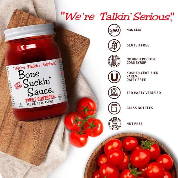 Bone Suckin' Sauce Sweet Southern BBQ Sauce, Gluten-Free, Non-GMO, Kosher, Sweetened with Cane Sugar & Molasses, All-Purpose Barbecue Sauce, For Ribs, Chicken, Pork, Beef (1 Count, Spicy Think Sweet Southern)