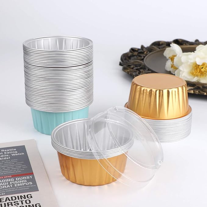 EUSOAR Aluminum Foil Cups, 5 oz 60pcs Baking Cups with Lids, 125ml Snacks Desserts Flan, Cupcake Pie Ramekin, Catering Gathering Club Shower Party Favor Baking Cups-Lake Blue+Gold
