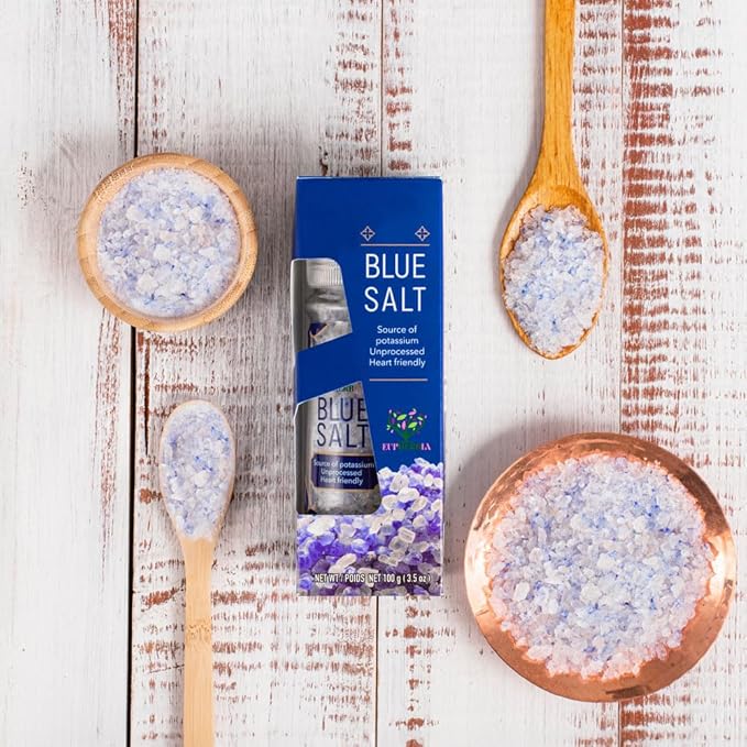 EUPHERBIA Blue Salt, Coarse, Rare Mineral Salt, High Potassium, Lower Sodium, Natural, Unprocessed, Hand Harvested, Kosher Certified, 100g (3.5 Oz)