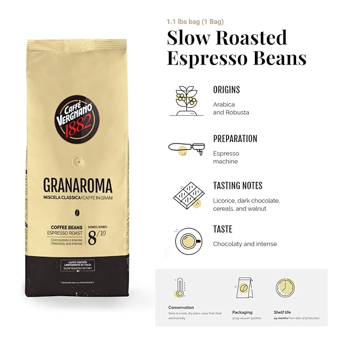 Caffe Vergnano 1882 Granaroma, Espresso, & Antica Bottega Whole Bean Arabica Medium Espresso Roast Coffee, 1.1lbs Bag - Italian Coffee Beans -500g Bag (3 Pk)