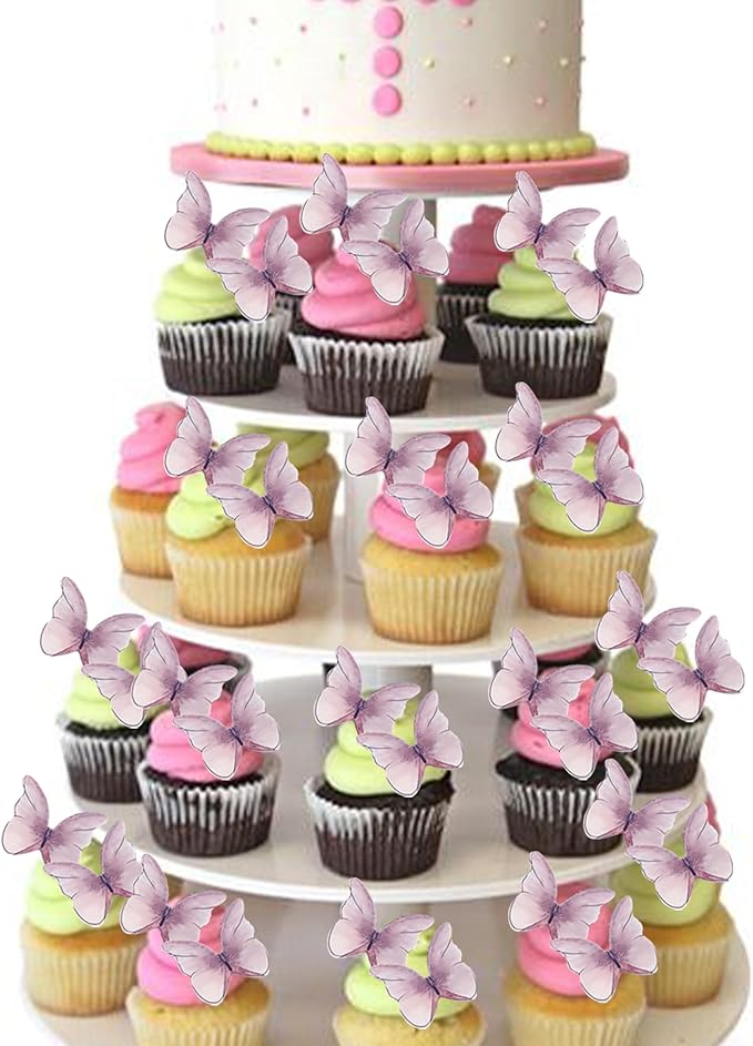 48PCS Edible Cupcake Toppers - Butterflies Cake Decoration - Edible Butterfly Cupcake Picks for Wedding, Bridal Shower, Baby Shower, Birthday Party - Purple