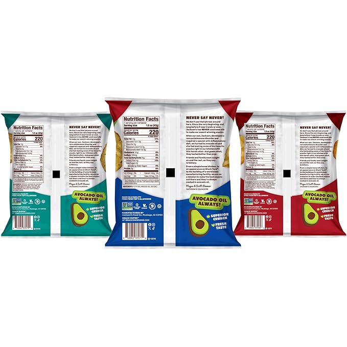 Jackson?™s Classic Kettle Potato Chips (Variety Pack, 1.5 oz, Pack of 18) - Made with Premium Avacado Oil, Sea Salt, Salt & Vinegar and BBQ Flavors - Allergen-friendly, Gluten Free, Vegan