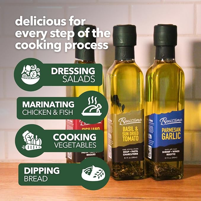 Benissimo Basil and Sun Dried Tomato Herb Infused Oil, All Natural Gourmet Cooking Oil with Garden-Fresh Herbs, Ideal for Dipping, Sautéing, Drizzling, 8.1 fl oz