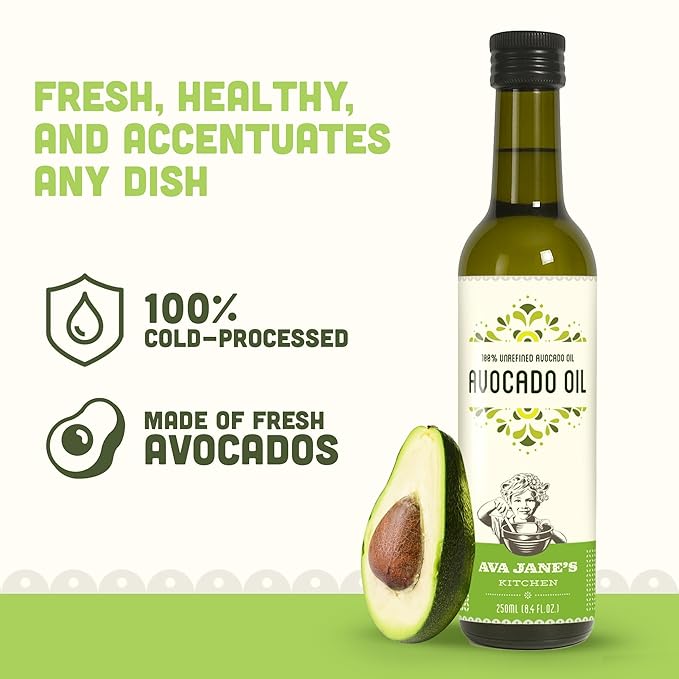 AVA JANE'S KITCHEN - Extra Virgin Avocado Oil - 100% Cold Pressed, Natural, & Unrefined - 480째F High Smoke Point, Rich in Potassium & Vitamins - Creamy & Buttery Taste - 2 Bottle Pack, 8.4 fl oz each