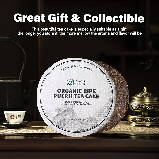YUANSHENG Organic Puerh Tea Cake, Yunnan Ancient Tree Ripe Pu-erh Tea Cake, Rich Smooth and Mellow, Individually Wrapped, Aged Fermented tea, Perfect for Gifting, Collection, Daily Brewing 5.29 Oz