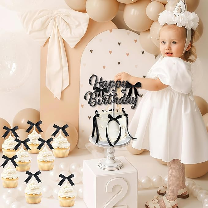 Black Bow Cake Toppers, Happy Birthday Sign, 12Pcs Ribbion Bow Cupcake Toppers & 6Pcs Cake Toppers for Black Bow Birthday Decorations, Baby Shower, Bridal Shower, Graduation Party