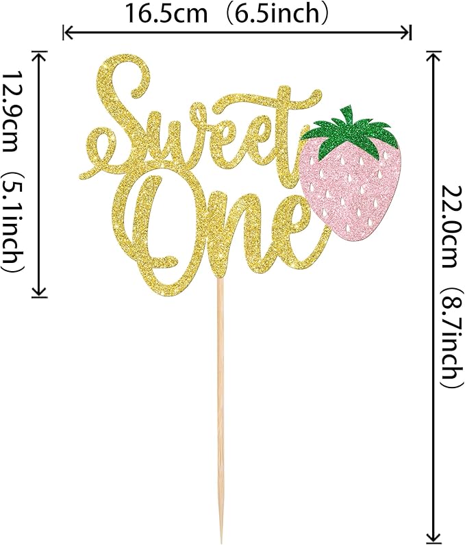 1 Pack Sweet One Cupcake Topper Glitter First Birthday Strawberry Cake Pick for Fruit Baby Shower 1st Birthday Berry Sweet Party Cake Decorations Supplies Gold 2