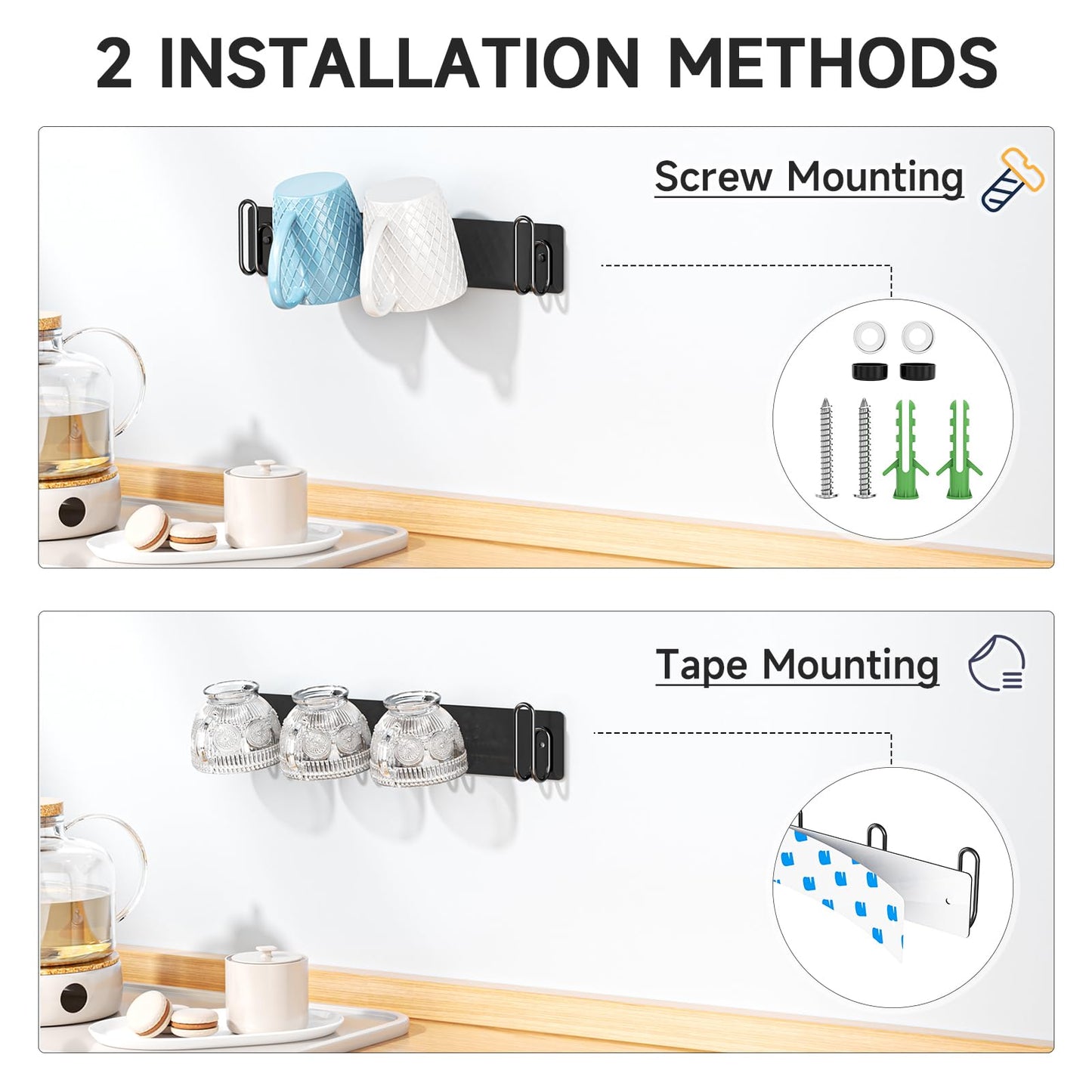 LOXSUN 2pcs Mug Holder Wall Mounted, Coffee Cup Holder with 4 Mug Hooks, Metal Cup Hanger Mugs