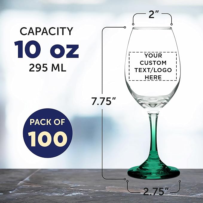 Custom Rioja Wine Glasses with Stem 10 oz. Set of 100, Personalized Bulk Pack - Color Bottom, Perfect for Wedding, Party Favors, Birthday, Bridal Shower Gifts - Green