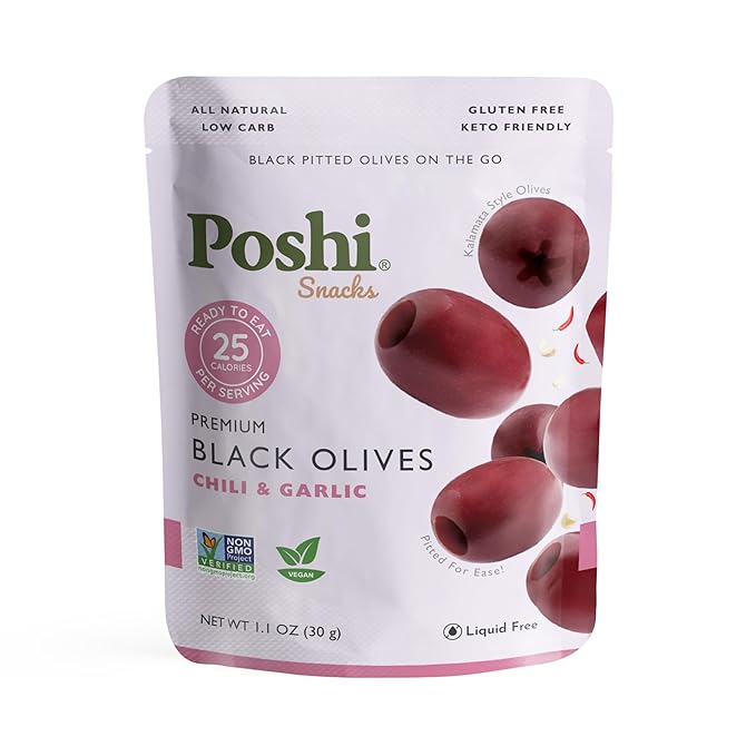 Poshi Marinated Kalamata Style Pitted Olives | Chili & Garlic | Vegan, Kosher, Gluten Free + Keto Friendly, Fresh, All Natural Low Calorie Healthy Snacks | (30 Pack, 1.1oz Bags)