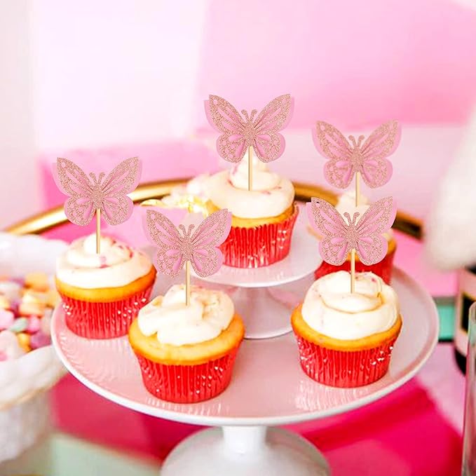 24PCS Butterfly Cupcake Toppers 3D Double Layers Hollow Cupcake Picks Baby Shower Cake Decorations Supplies for Butterfly Theme Wedding Anniversary Baby Shower Party Pink