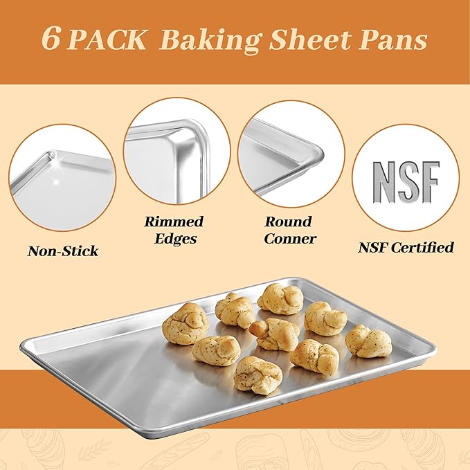 6 Pack Quarter Size Baking Sheet Pans, Aluminum Commercial Cookie Sheets Non-Stick, 13"x10"