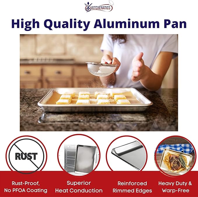 KITCHENATICS Quarter Sheet Baking Pans, Premium Quality Aluminum Cookie Sheet Set - Oven Safe, Nonstick, Rimmed Cooking Trays, 1/4 Baking Sheets for Oven, Roasting, Baking - 9.6" x 13" IN, Set of 2