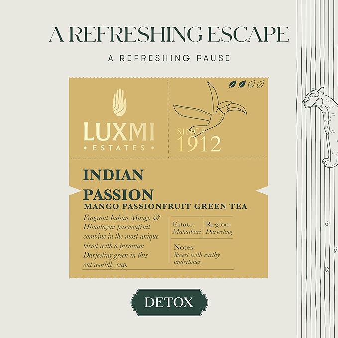 Luxmi Estates Indian Passion Organic Mango Passion Fruit Green Tea (25 Tea Bags) Mildly Caffeinated Tea Bags For Detox, Cleansing, and Digestion, With Certified Organic Darjeeling Makaibari Green Tea
