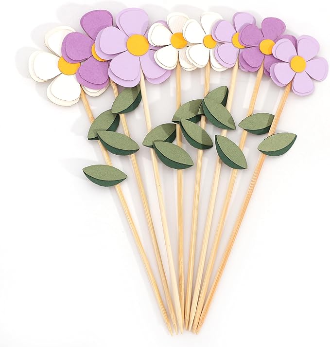 8Pcs Purple White Flowers Cake Toppers - Spring Floral Birthday Wedding Decorations,Bohemian Flower Party Cupcake Toppers,Purple Daisy Floral Cake Centerpieces,Sweet Garden Party Photo Props