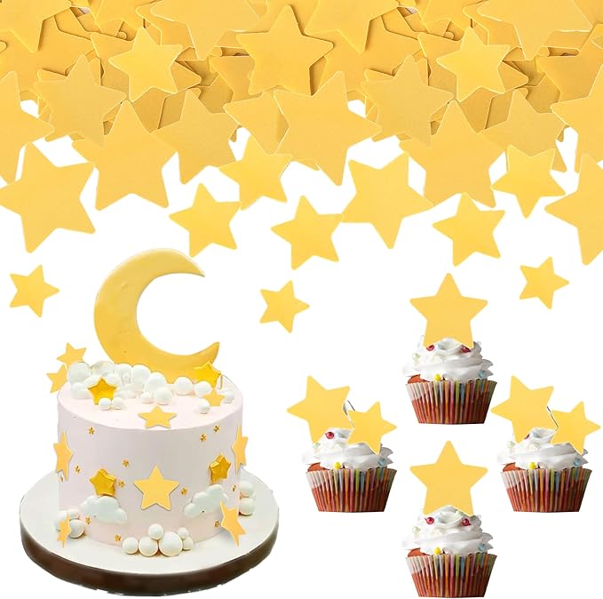 60 Pack Edible Star Cupcake Topper Twinkle Little Star Cupcake Picks Water Paper Little Star Theme Cupcake Decorations for Wedding Engagement Bridal Shower Birthday Party Supplies Yellow