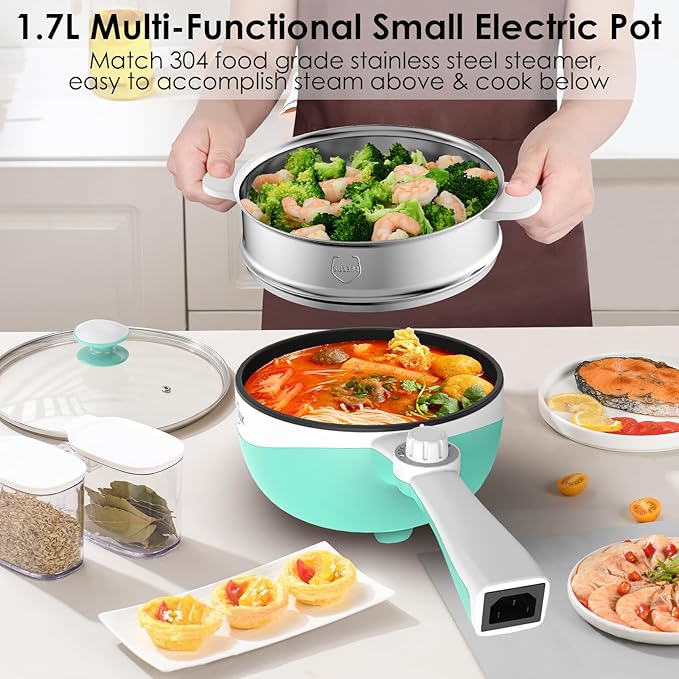 Audecook Hot Pot Electric, 1.7L Mini Electric Skillet Portable Nonstick Saut챕 Pan with Power Adjustment, Rapid Noodles Cooker Travel Multicooker for Steak/Soup/Egg/Oatmeal/Noodles