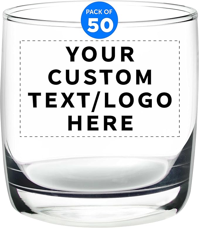 DISCOUNT PROMOS Custom Whiskey Glasses 10 oz Set of 50, Personalized Bulk Pack - Heavy Base Old Fashioned Glass, Perfect for Scotch, Bourbon, Whiskey, Cocktail - Clear Bottom Color
