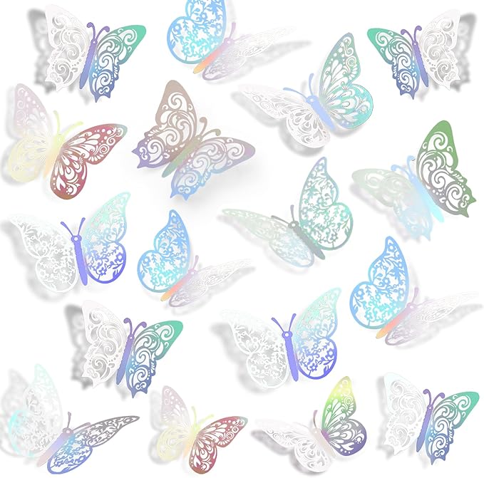 72 Pcs Butterfly Decorations - 3 Sizes, 3 Styles Wall Decor - Rainbow Silver