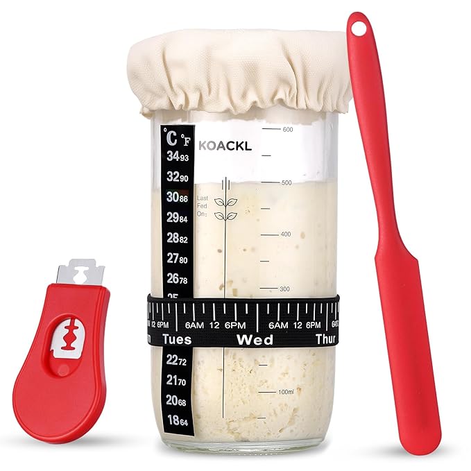 Sourdough Starter Kit, 24oz Sourdough Starter Jar with Magnetic Bread Lame, Thermometer, Long Scraper, Cloth Cover & Lid for Sourdough Bread Baking Supplies