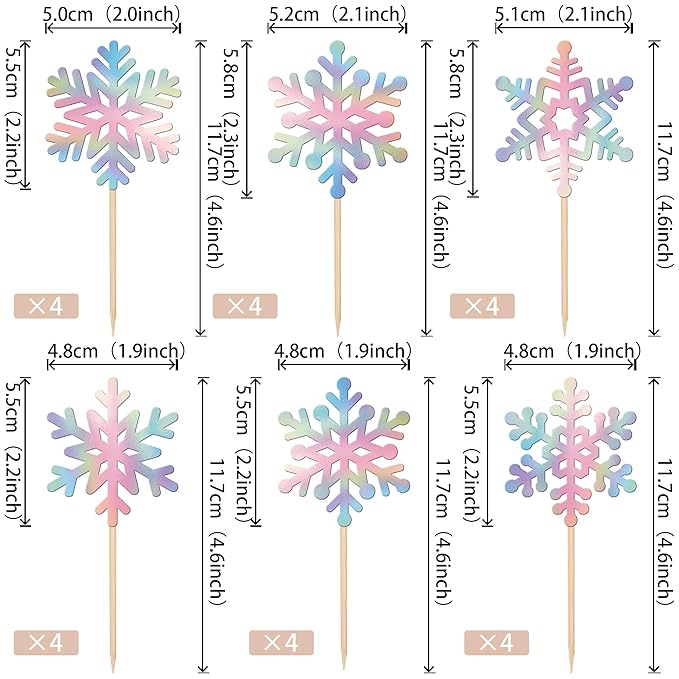 24 PCS Snowflake Cupcake Toppers Glitter Frozen Snowflake Cupcake Picks Winter Wonderland Cake Decorations for Baby Shower Kids Birthday Christmas Party Supplies Silver Colorful