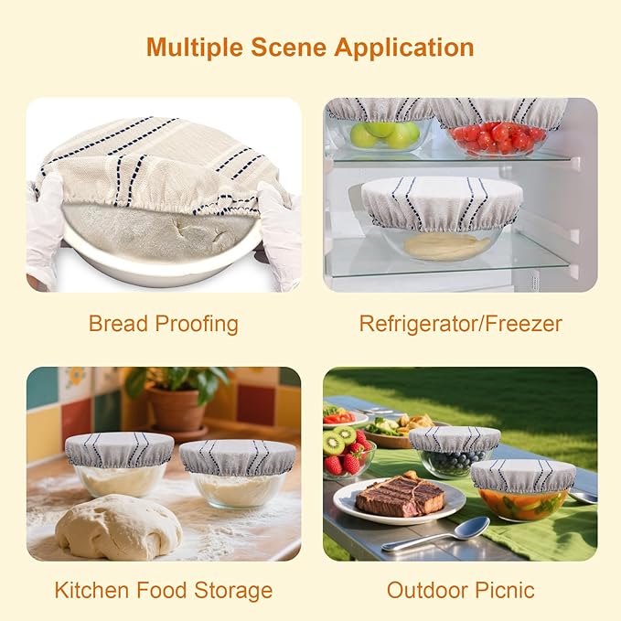 Reusable Bowl Covers for Bread Proofing, 9/10/13 Inches Bread Proofing Cover, 3 Pcs Linen Cotton Food Cover for Sourdough Proofing Basket, Food Storage Baking Supplies for Home Bakers