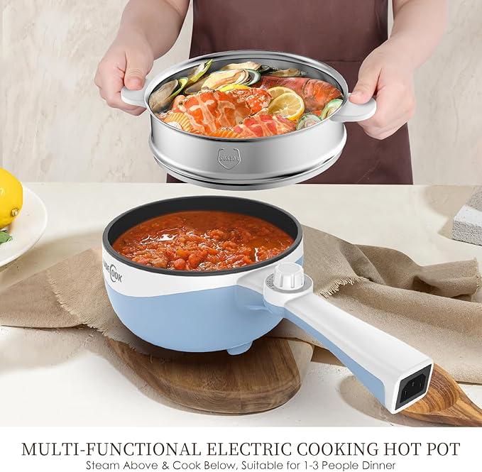 Audecook Hot Pot Electric with Steamer, 1.7L Mini Electric Skillet Portable Nonstick Saut챕 Pan with Power Adjustment, Ramen Cooker Travel Multicooker for Steak/Soup/Egg/Oatmeal/Noodles
