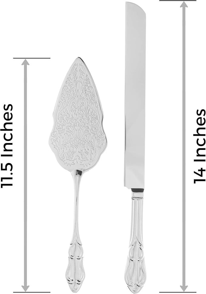 Ella Celebration Cake Knife Server Set Silver Wedding or Anniversary, Vintage Party Supplies Decoration (Elegant Silver)